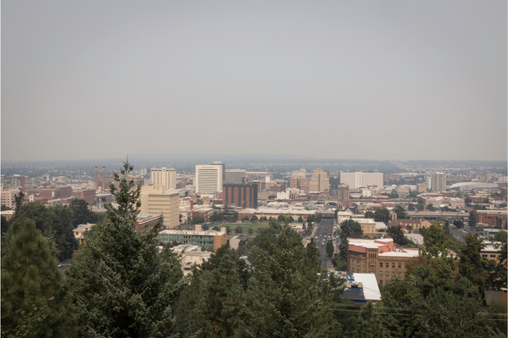 View of downtown Spokane on a smoky day.