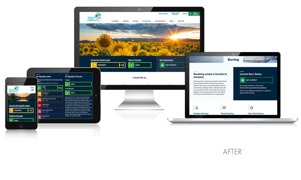 The new Spokane Clean Air website displayed on a phone, tablet, computer and laptop.